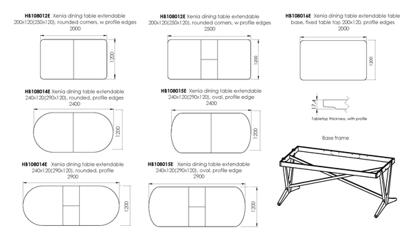 Xenia spisebord uttrekkbart 240x120(290x120), oval plate, profilkant