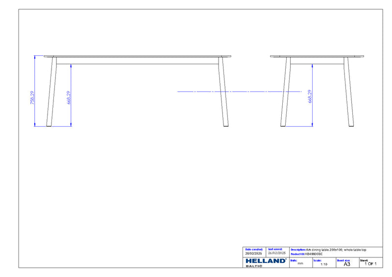 Ark spisebord uttrekkbart 200x100, m/2 ileggsplater (260x100)