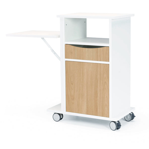 HM220 Bedside table w/height-adjustable flap, drawer, 2 doors and wheels