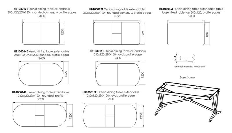 Xenia spisebord uttrekkbart 240x120(290x120), oval plate, profilkant